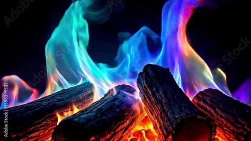 Colorful Fireplace Flames: Vibrant Blue, Purple, & Orange Fire Burning with Logs, Modern Home Decor, Cozy Ambiance, HD Stock Photo