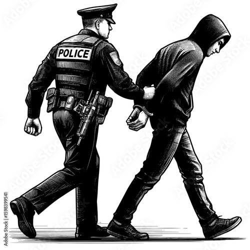Police Officer Escorting Suspect in Black and White