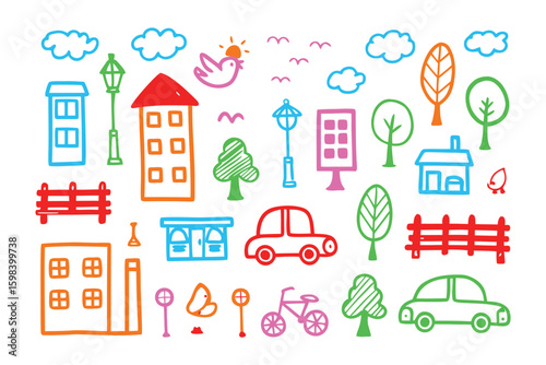 City Doodle Illustration: A whimsical city landscape depicted in a colorful doodle style, featuring buildings, vehicles, trees, and decorative elements.