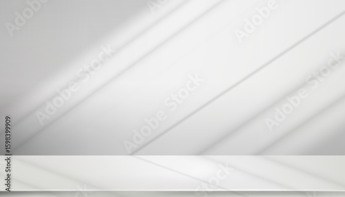 Background White Studio with Shadow on Grey Wall and Podium Floor for Spring Product Design,Interior Kitchen Room with Light Texture Effect from Window Frame,Vector 3d Backdrop for Summer banner