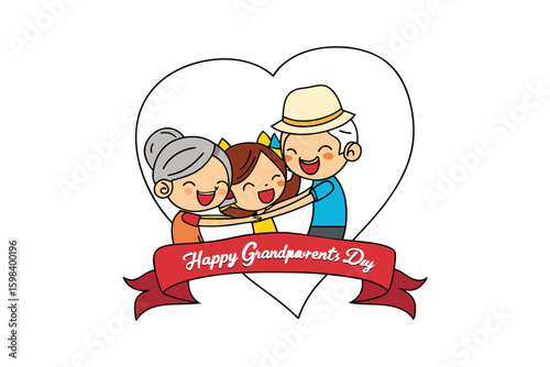 Happy grandparents day illustration of a loving family hugging inside a heart shape with a red banner isolated on white background silhouette
