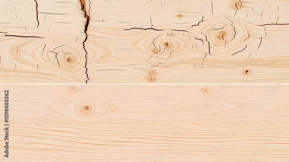 Fototapeta premium Close up photograph showcasing a light colored wood surface with prominent knots and cracks
