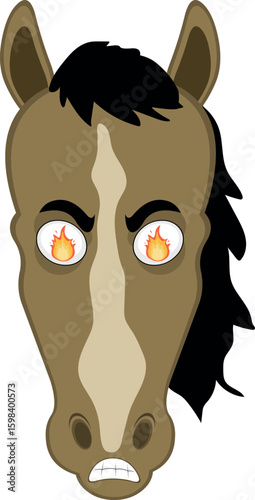 vector illustration character face horse cartoon, with a furious expression and fire flame in his eyes