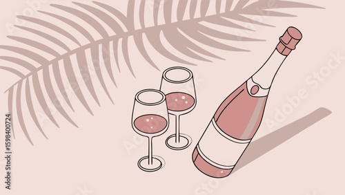 Wine glasses and champagne bottle with palm leaf shadow illustration for celebration and relaxation