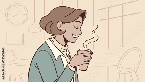 Woman enjoying coffee break at cafe cartoon illustration with steam and tables background vector graphic 100