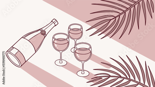 Elegant champagne bottle and wine glasses with palm leaves illustration for celebration occasion