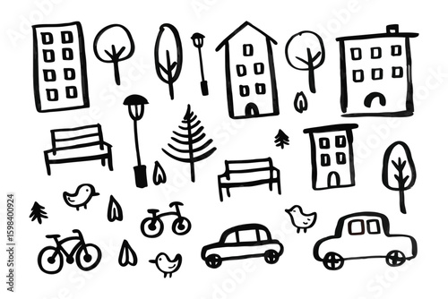 Urban Doodlescape: A charming collection of whimsical, hand-drawn elements depicts a simplified urban environment, creating a delightful visual narrative of city life.