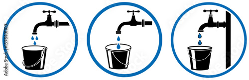 Set of icons showing water taps with buckets collecting drips within blue circles indicating water access points