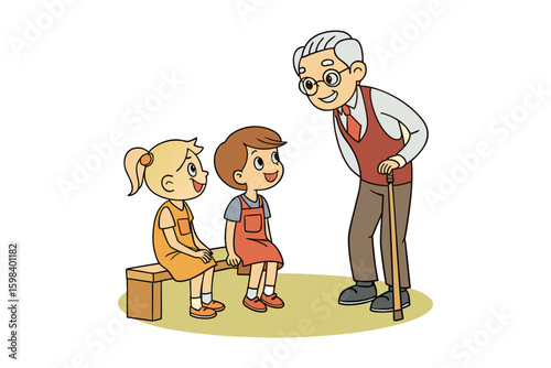 Grandfather telling a story to his grandchildren illustration of family bonding and intergenerational connection isolated on white background silhouette