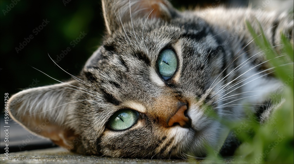 Obraz premium A gray tabby cat with striking green eyes relaxes on a sunny day, lying among green grass while surveying its environment, seemingly enjoying the warm weather and gentle breeze