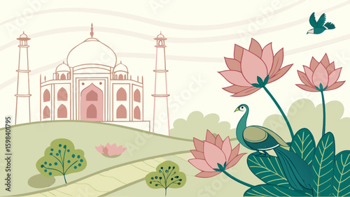 Taj mahal india travel tourism landmark architecture peacock lotus bird landscape vector illustration