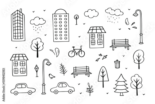 City Doodle Collection: A hand-drawn collection of city elements, featuring buildings, vehicles, trees, and park amenities, creates a charming illustration of urban life. 