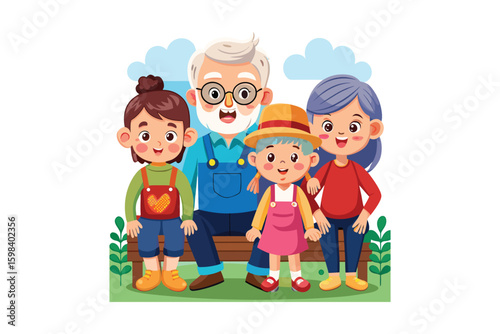 Happy family portrait with grandparents and grandchildren enjoying time together outdoors silhouette isolated on white background
