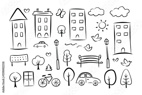 Urban Doodle: Whimsical cityscape doodle features a playful arrangement of buildings, trees, and vehicles, all drawn in a charming hand-sketch style.