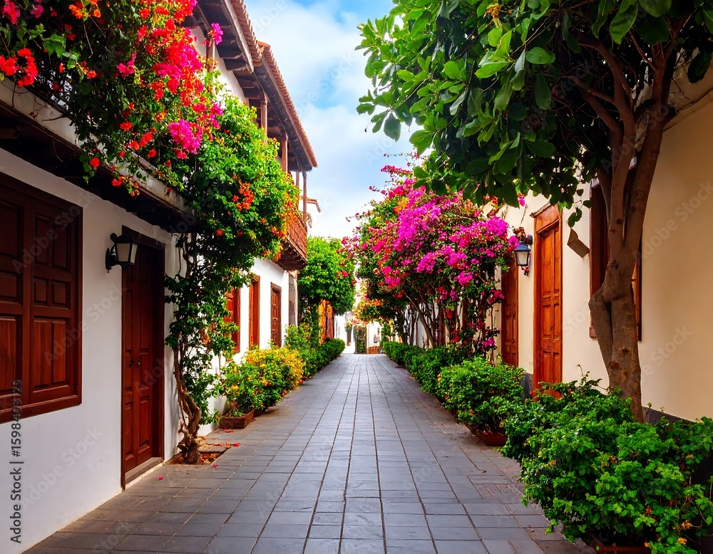 Fototapeta premium Charming, colorful alleyway with vibrant flowers