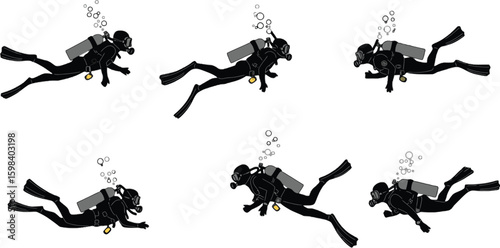 Vector art of silhouetted scuba divers swim underwater, exhaling bubbles, isolated on white background