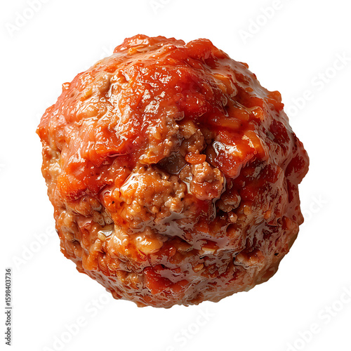 A single meatball covered in rich tomato sauce, presented against a white background.
