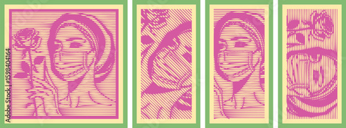  Pink Color Engraving Style Elegant Woman with Surgical Mask Holding Rose Flower, Vintage Halftone Stamp Dot Vector Art, Decorative Canvas Template for Wall Art and Print Design