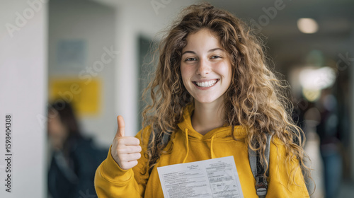 Happy student holding report card, feeling proud and accomplished about academic performance, joyfully showing thumbs up gesture