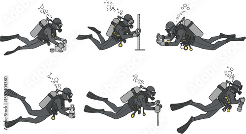 Vector art of scuba divers exploring the underwater world, isolated on white background