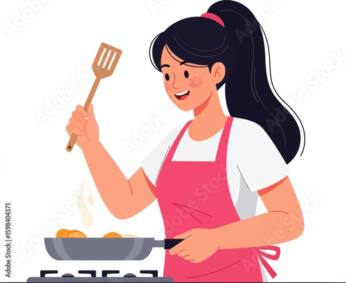 Cheerful woman cooking with spatula and frying pan on stove top.