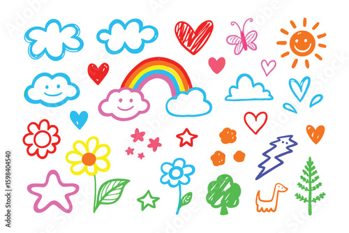 Colorful Doodle Collection: A vibrant and whimsical collection of hand-drawn doodles, showcasing a playful array of clouds, hearts, rainbows, sun, stars, and flowers.