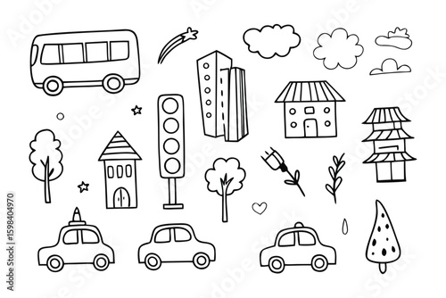 City Element Sketch: Charming illustration of city elements, including buildings, cars, bus, trees, and other objects, creating a vibrant and delightful sketch.