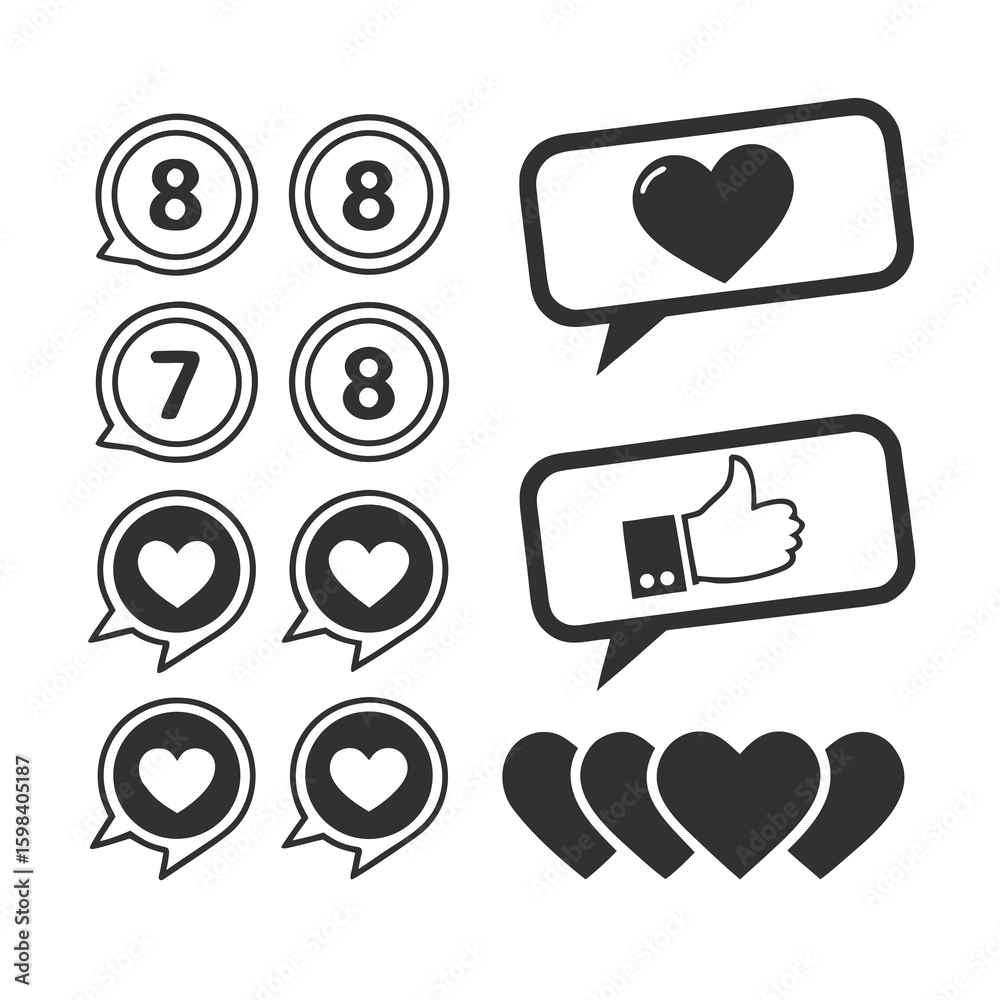 Collection of social media icons including hearts thumbs up and notification counts silhouette isolated on white background Collection of social media icons including hearts thumbs up and notification counts silhouette isolated on white background
