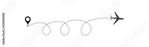 air plane flight route with start point and dash line trace. Various aircraft and destination location pins icons. Aircraft tracking, planes, travel, map