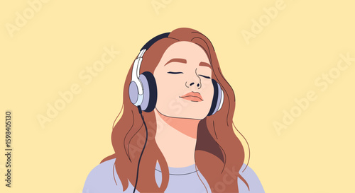 Serene woman with headphones eyes closed listening to music stylized illustration.