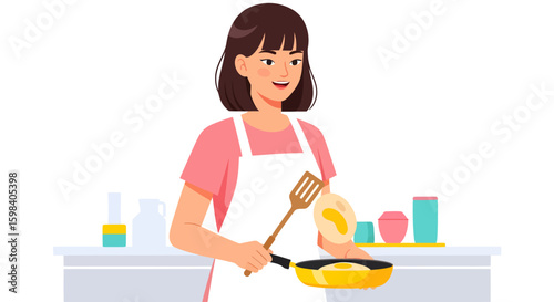 Smiling woman in apron flipping fried egg with spatula in yellow pan.