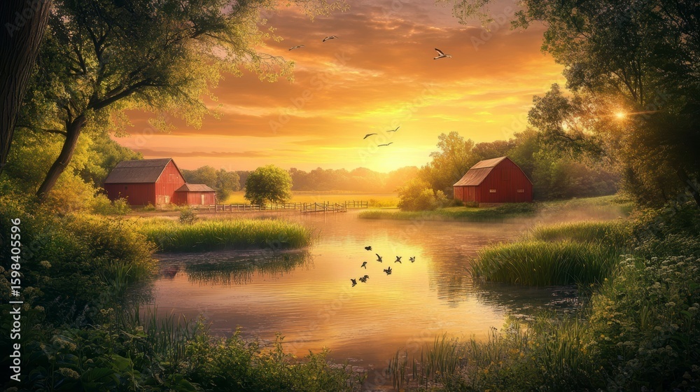 Fototapeta premium Serene sunset over idyllic rural landscape with red barns, pond, and birds.