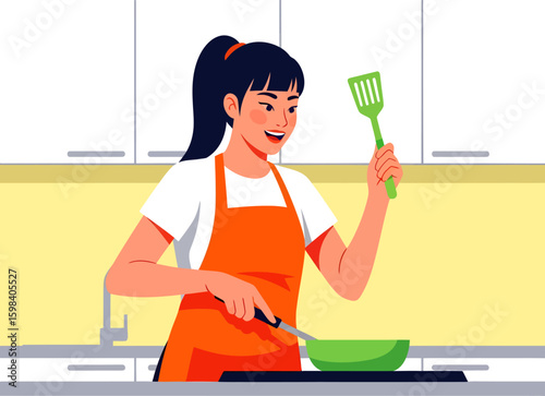Smiling woman in orange apron cooking with green pan and spatula.