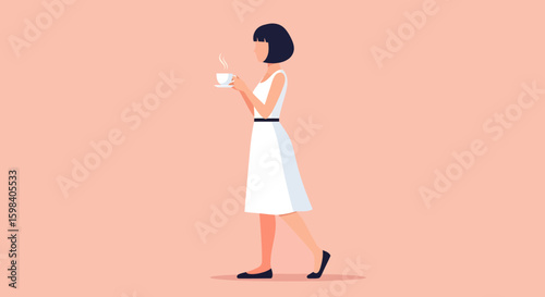 Stylish woman with bob haircut in white dress holding steaming coffee cup.