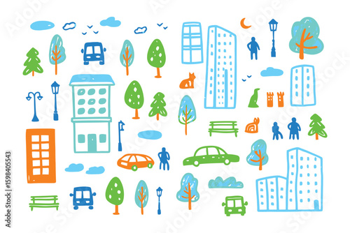 Urban Sketch: A whimsical illustration of a cityscape with buildings, trees, vehicles, and figures, hand-drawn in a vibrant and playful style. 