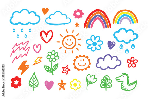 Doodle Set of cheerful icon: This vibrant collection of hand-drawn doodles showcases a plethora of icons, each brimming with a playful charm and whimsical details that embody joy and creativity.