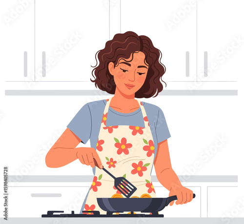 Woman cooking with floral apron stirring food in a pan on the stove.