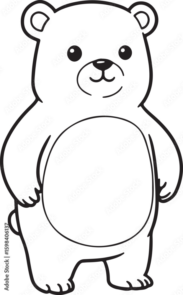 Fototapeta premium Chubby bear character standing upright, outlined in thick black lines,