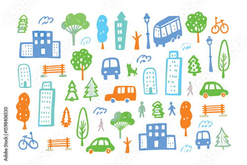 Urban Doodle: A playful and colorful illustration depicts an urban scene filled with houses, trees, transportation, and nature, painted in a captivating hand-drawn style.
