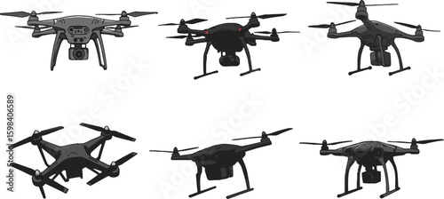 Vector art of a set of drone illustrations isolated on white background, highlighting different aerial camera technologies