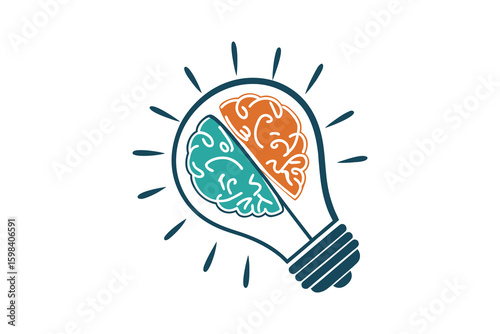 Creative brain inside a lightbulb silhouette representing innovative thinking and new ideas isolated on white background