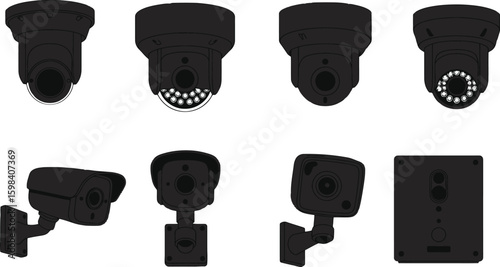 Vector art of a collection of security camera silhouettes isolated on white background, ideal for modern surveillance applications