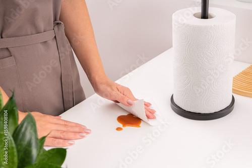 Hands wipe dirt, a stain on the table, spilled tea or coffee with a white paper napkin. Side and top view. Horizontal photo.