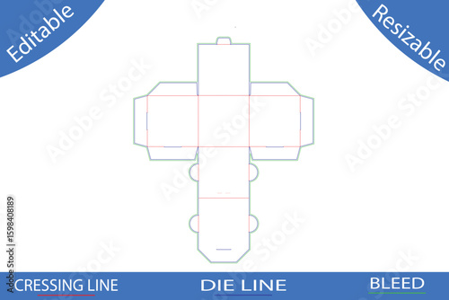 Cross shaped box template die line creasing line