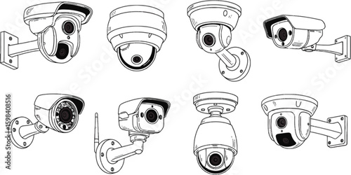 Vector art of a collection of security cameras with different mounting options, isolated on white background