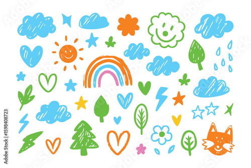Childlike Weather Doodle Collection: Delightful hand-drawn doodles depict sunny skies, fluffy clouds, hearts and rainbows in a collection. Embodying whimsy and playful charm. 