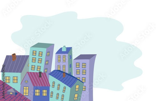 Houses, hand drawn city. Banner with space for text. Drawing, doodle. Colorful houses. Cartoon buildings, chimney. Architecture, construction. Drawing, doodle, isolated background.