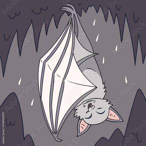 Sleeping bat hanging upside down in a cave with stalactites and water droplets falling from the ceiling