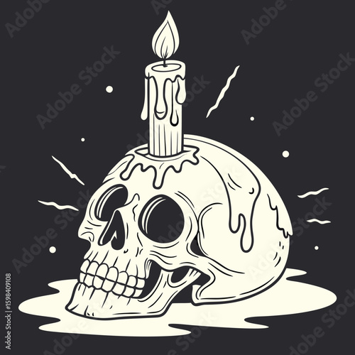 A skull with a candle on top and wax dripping down in a spooky dark illustration style image scene