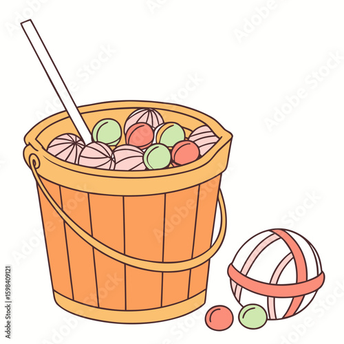 An illustration of a bucket filled with colorful balls and a stick next to a larger wrapped ball object